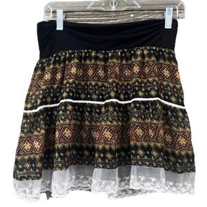 Y2K Boho Tiered Lace Trim Mini Skirt Medium